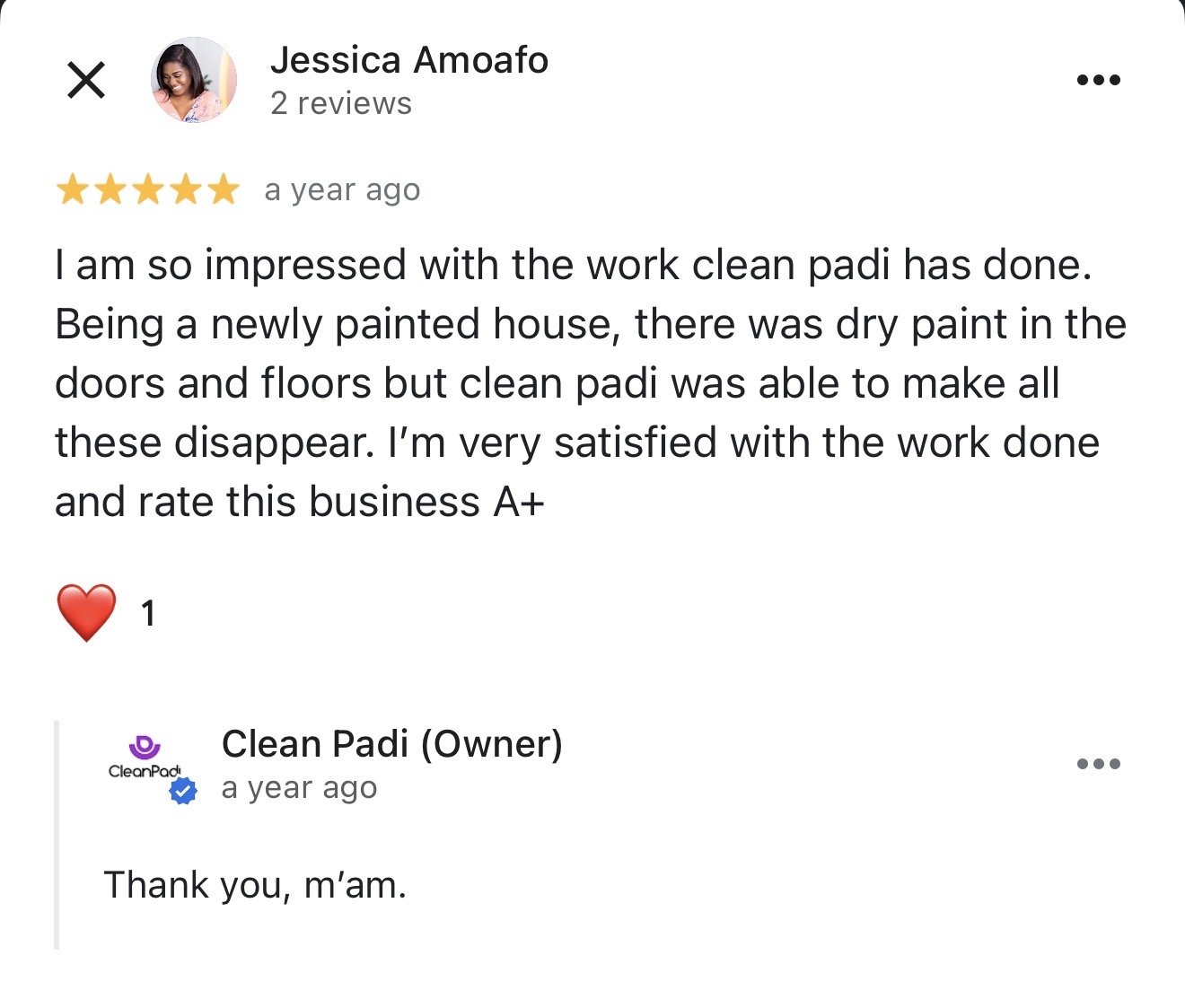 Client rates Clean Padi for post construction cleaning.