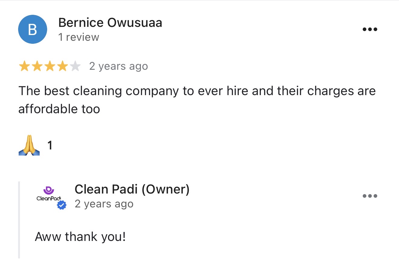 Clean Padi highly rated by client.