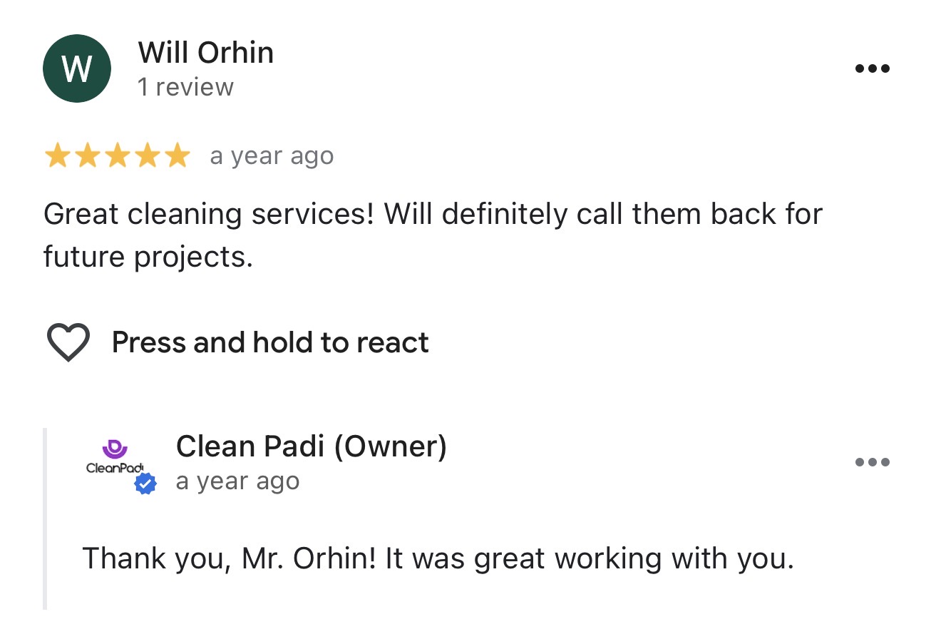 Clean Padi client express great satisfaction with their cleaning service.